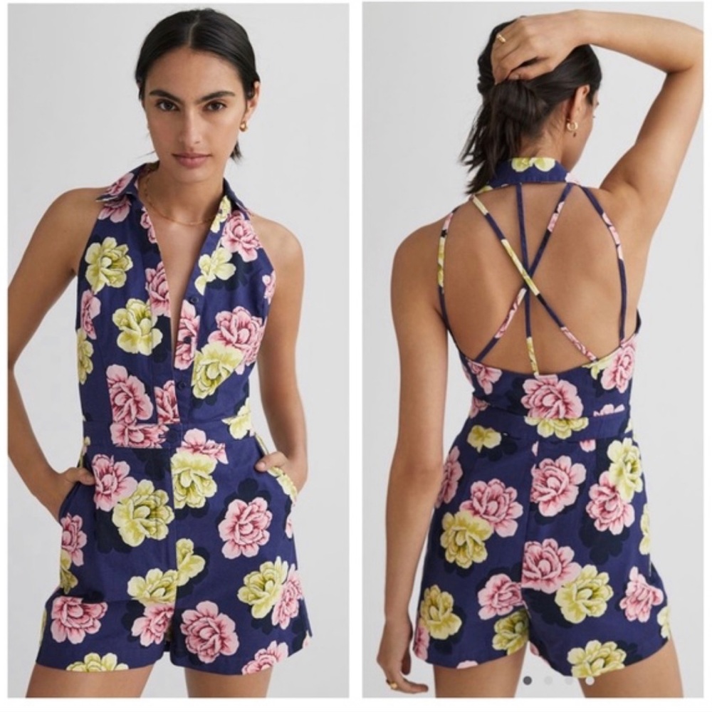 Retro Collared Romper in Blue Motif